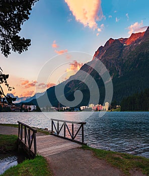 Sunset above St. Moritz with lake and Swiss Alps in Switzerland