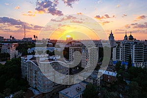 Sunset above summer evening Voronezh. Aerial view to Voronezh downtown