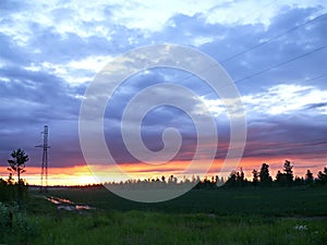 Sunset above the swamp and forest. Landscape nature.