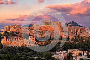 Sunset at the Acropolis of Athens, with the Parthenon Temple, Athens, Greece.