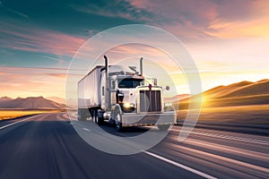 Sunset Adventure: Big Rig Truck on Rural Road Wallpaper and Design, Generative AI