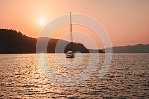 Sunset Aegean sea landscape yacht sailing travel in Turkey