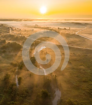 Sunset aerial atmospheric view on river in Ural Russia. Drone photography