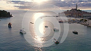 Sunset aerial of old town Rovinj, ancient Croatian city at the sea. Istria