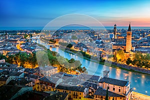 Sunset aerial panorama view of Verona. Italy. Blue hour