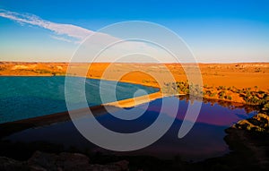 Sunset aerial Panoramic view to Yoa lake group of Ounianga kebir lakes at the Ennedi, Chad