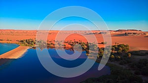 Sunset aerial Panoramic view to Yoa lake group of Ounianga kebir lakes at the Ennedi, Chad