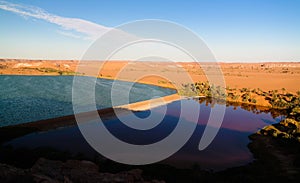 Sunset aerial Panoramic view to Yoa lake group of Ounianga kebir lakes at the Ennedi, Chad