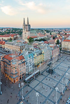 Sunset aerial view of Ban Jelacic square in Zagreb, Croatia photo