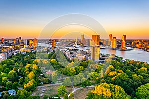 Sunset aerial view of Erasmus bridge and skyline of Rotterdam, Netherlands