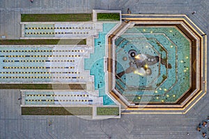 Sunset aerial view a fountain in front of the National Palace of Culture in Sofia, Bulgaria