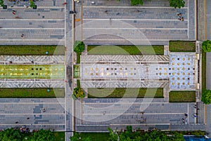 Sunset aerial view a fountain in front of the National Palace of Culture in Sofia, Bulgaria