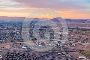 Sunset aerial view of the Frenchman Mountain and cityscape of Las Vegas