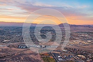 Sunset aerial view of the Frenchman Mountain and cityscape of Las Vegas