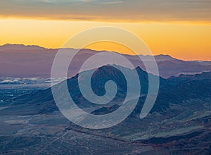 Sunset aerial view of the Frenchman Mountain and cityscape of Las Vegas