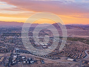 Sunset aerial view of the Frenchman Mountain and cityscape of Las Vegas