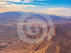 Sunset aerial view of the Frenchman Mountain and cityscape of Las Vegas