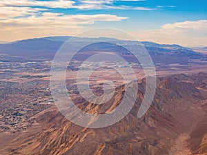 Sunset aerial view of the Frenchman Mountain and cityscape of Las Vegas