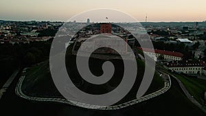 Sunset aerial view of Gediminas Tower, the remaining part of the Upper Castle in Vilnius.