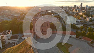 Sunset aerial view of Gediminas Tower, Vilnius, Lithuania