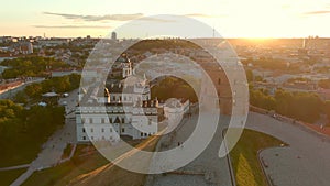 Sunset aerial view of Gediminas Tower, Vilnius, Lithuania