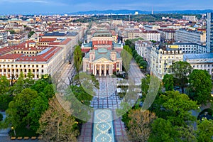 Sunset aerial view of Ivan Vazov Theatre in Sofia, Bulgaria photo