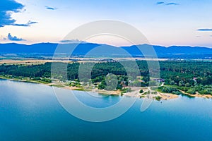 Sunset aerial view of Koprinka dam in Bulgaria