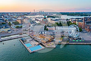 Sunset aerial view of Kruununhaka district of Helsinki, Finland.