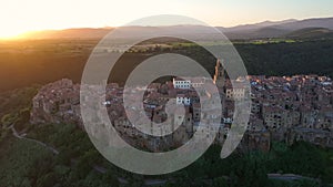 Sunset Aerial View of Medieval Pitigliano Town in Tuscany, Grosseto, Italy