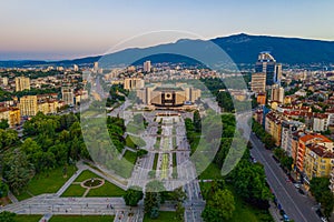 Sunset aerial view of the National Palace of Culture in Sofia, Bulgaria