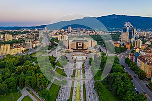 Sunset aerial view of the National Palace of Culture in Sofia, Bulgaria