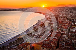 Sunset aerial view of Nice, Cote d`Azur, French Riviera, France