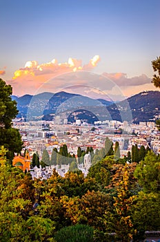 Sunset aerial view of Nice, Cote d`Azur, French Riviera, France