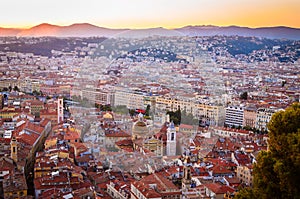 Sunset aerial view of Nice, Cote d`Azur, French Riviera, France