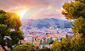 Sunset aerial view of Nice, Cote d`Azur, French Riviera, France