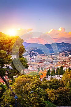 Sunset aerial view of Nice, Cote d`Azur, French Riviera, France