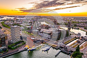 Sunset aerial view of Port of Rotterdam, Netherlands