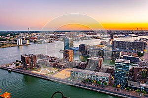 Sunset aerial view of Port of Rotterdam, Netherlands