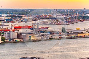 Sunset aerial view of Port of Rotterdam, Netherlands