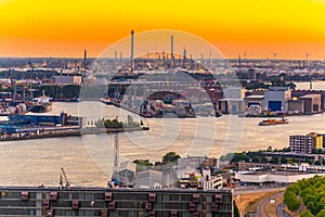 Sunset aerial view of Port of Rotterdam, Netherlands