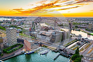 Sunset aerial view of Port of Rotterdam, Netherlands