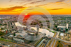 Sunset aerial view of Port of Rotterdam, Netherlands