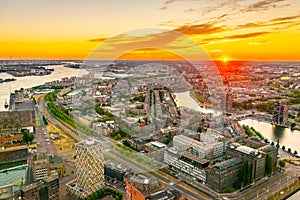 Sunset aerial view of Port of Rotterdam, Netherlands