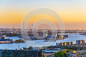 Sunset aerial view of Port of Rotterdam, Netherlands