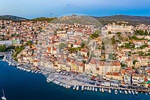 Sunset aerial view of Saint John and Saint Michael fortresses in Sibenik, Croatia