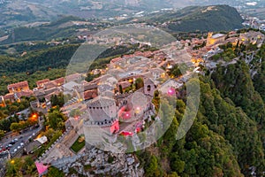 Sunset aerial view of San Marino with Torre Guaita