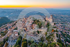 Sunset aerial view of San Marino with Torre Guaita