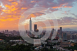 Sunset Aerial view of the Taipei 101 and cityscape from Xiangshan