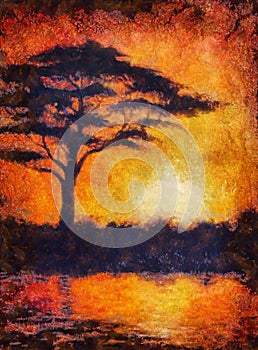 Sunset in africa with a tree silhouette, beautiful colorful painting, with computer graphic finish, aquarell effect photo