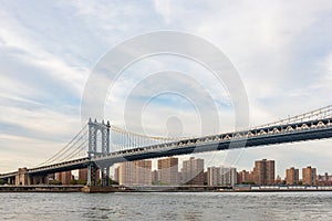 Sunset afterglow of the Manhattan Bridge and New York City skyline